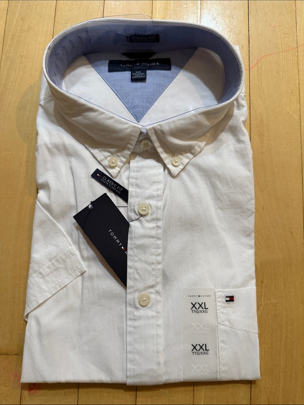 Tommy Hilfiger White Button-Down Shirt with Light Blue Collar Trim Classic Fit